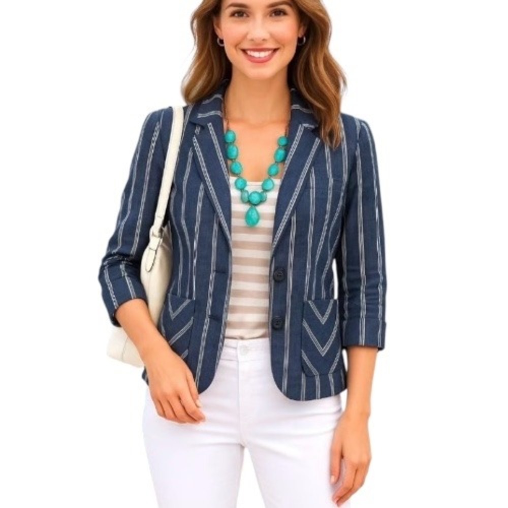 Cabi Nautical Pin Striped Blue Linen Blazer Size 8 - Picture 10 of 10